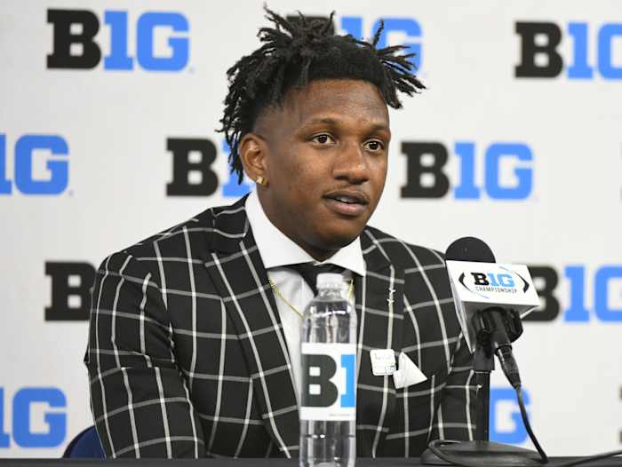 Jul 23, 2021; Indianapolis, Indiana, USA; Indiana Hoosiers quarterback Michael Penix Jr. speaks to the media during Big 10 media days at Lucas Oil Stadium.